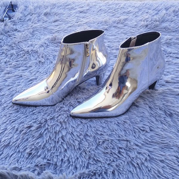 

women's shoes 2020 new silver pointed short boots women's high heel fine heel patent leather boots, Black