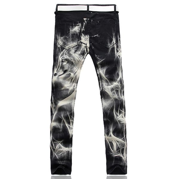 

high-quality men's fashion wolf print stretch denim jeans slim black painted straight pants long trousers, Blue