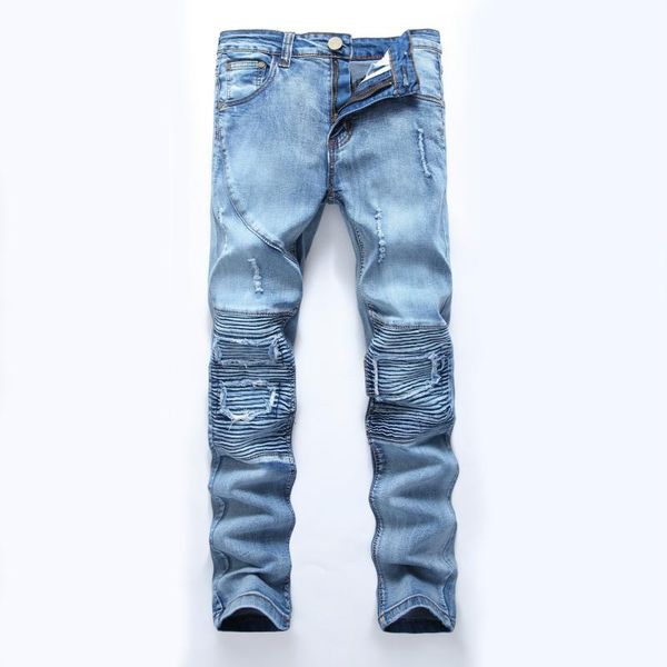 

2020 new men's high street motorcycle ripped jeans youth high elastic light color slim pants fashion, Blue