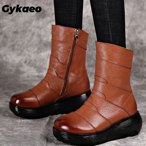 

gykaeo national style handmade genuine leather women shoes retro slope heel cowhide winter boots ladies warm botines mujer 2019, Black