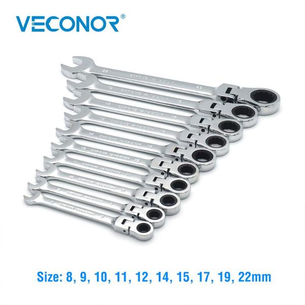 

veconor 10pcs fully polish combination ratchet wrench set 8-22mm size 72t ratchet flexible head and open-end spanner repair tool