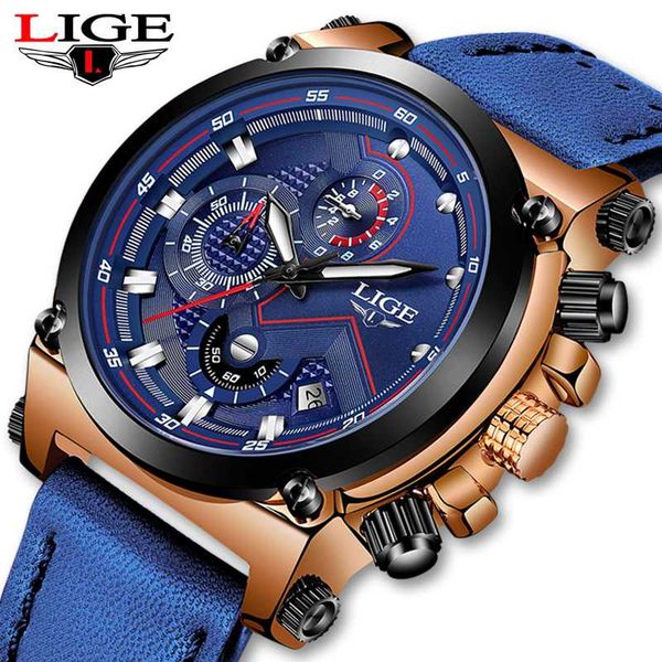 

2020 lige mens watches business quartz watch men leather dress waterproof sports chronograph relogio masculino, Slivery;brown