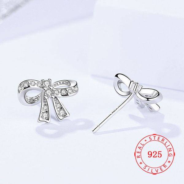 

earring bow clear cz zircon 925 sterling silver butterfly bow dangle earrings bow tie earring butterfly bows knot stud earrings for gift, Golden;silver