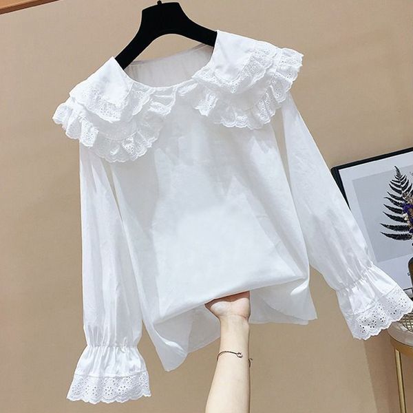 

spring autumn new korea fashion women long sleeve white lace blouses sweet cute peter pan collar casual shirts plus size s698