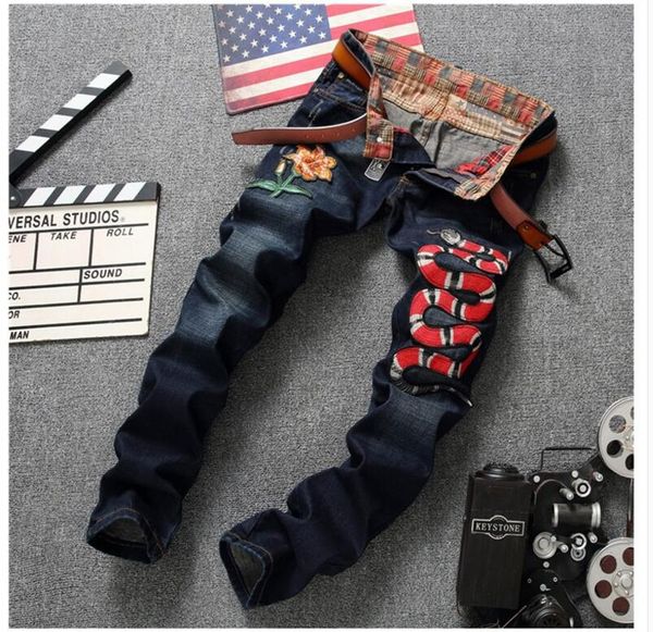 

new spring fashion brand design flower snake embroidery jeans slim small straight personality metrosexual long pants, Blue