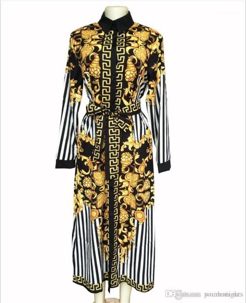 

female dress belt ladies slim casual dress gorgeous women designer dress stripe and gold floral print, Black;gray