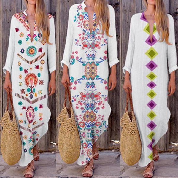 

women ladies fashion dress loose cotton linen maxi dress long sleeve casual bohemian kaftan tunic gypsy ethnic, Black;gray