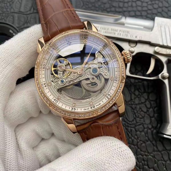 

wholesale 2019 latest 2-needle waterproof mechanical watch other watches with men's diamond inlaid automatic mechanical frame watch, Slivery;brown