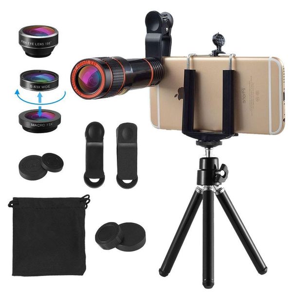

1pcs phone stand 12x telescope 15x macro 0.63x wide angle fisheye quadruple lens tripod set tripod for iphone xs 11pro max samsung huawei