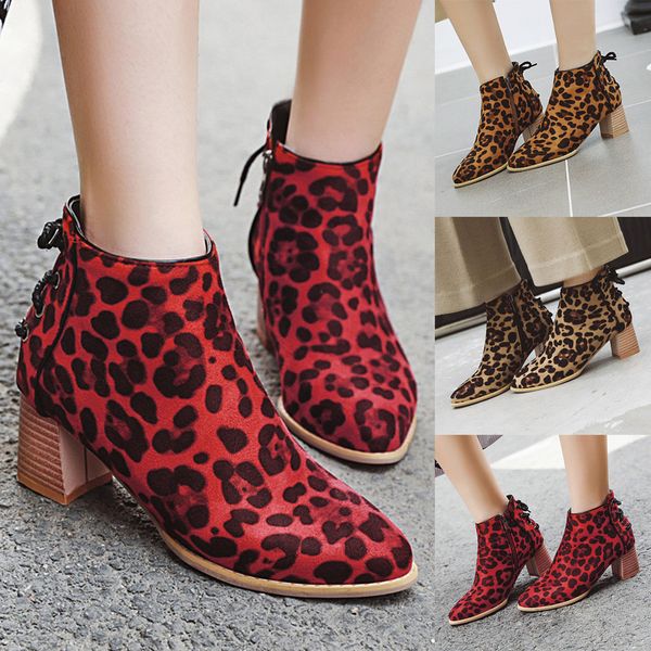 

boots women fashion leopard grain pointed toe zipper boots chunky heels vintage women zapatos de mujer, Black