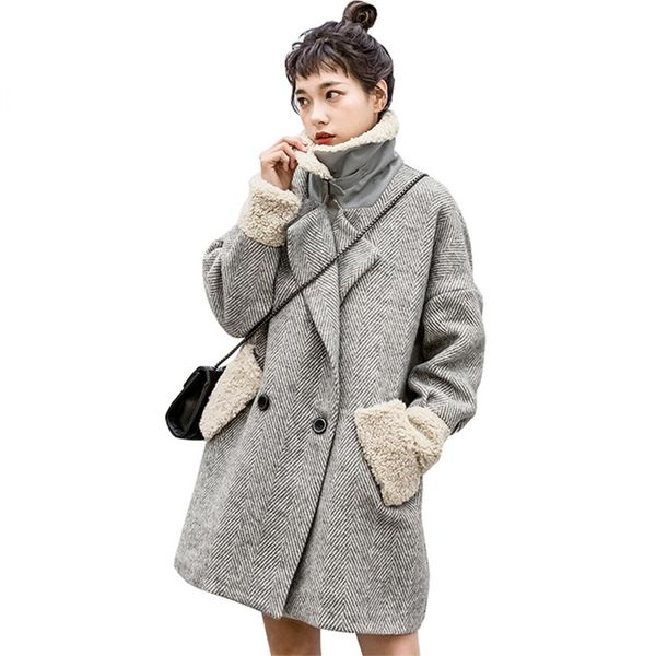 

winter new women wool blends coat warm lambswool spliced double breasted woolen coats female fashion striped overcoat plus size, Black