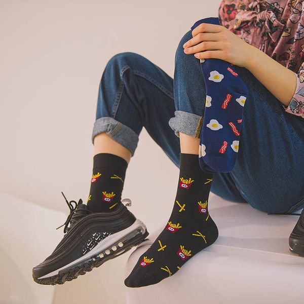 

harajuku happy socks men funny cartoon fruit avocado banana burger fries beer biscuit fried chicken food socks skateboard socks, Black