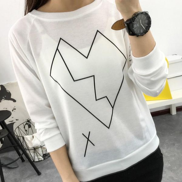 

women autumn sweatshirt stylish line pattern broken heart print long sleeves o-neck casual loose female pullover hoodies, Black