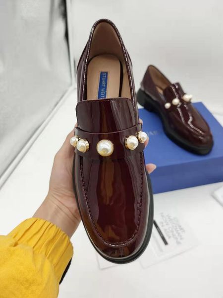 

luxury design gorgeous pearl shoes pearl patent leather loafers single shoes thickened black burgundy women's shoes size 35-40 02