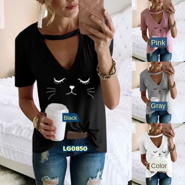 

2019 summer women's short sleeve cute cat printed v-neck lg0850 2019 summer women's short sleeve cute cat printed v-neck t-shirt t, White
