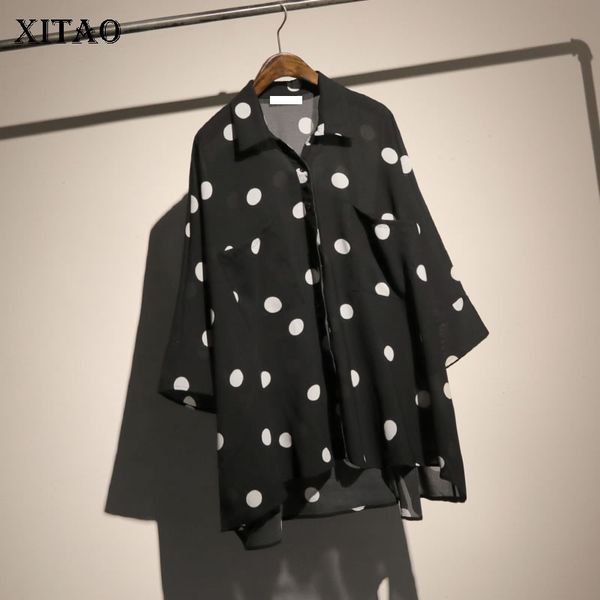 

xitao] women 2019 summer new korea fashion turn-down collar three quarter sleeve loose shirt female dot casual blouse wbb3671, White