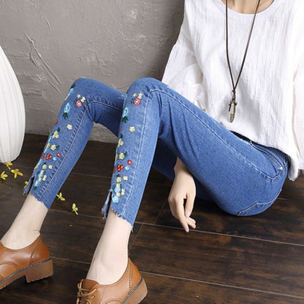 

embroidery autumn women tassel spring high zipper pencil pants ankle length pants jeans female slim comfortabe jeans zx1001, Blue