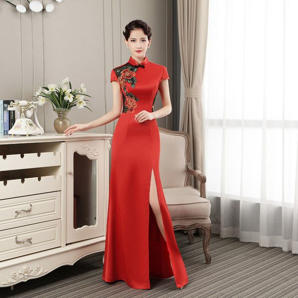 

old shanghai plus size formal cheongsam maxi party dress oriental evening dress chinese women long high open fork qipao, Red