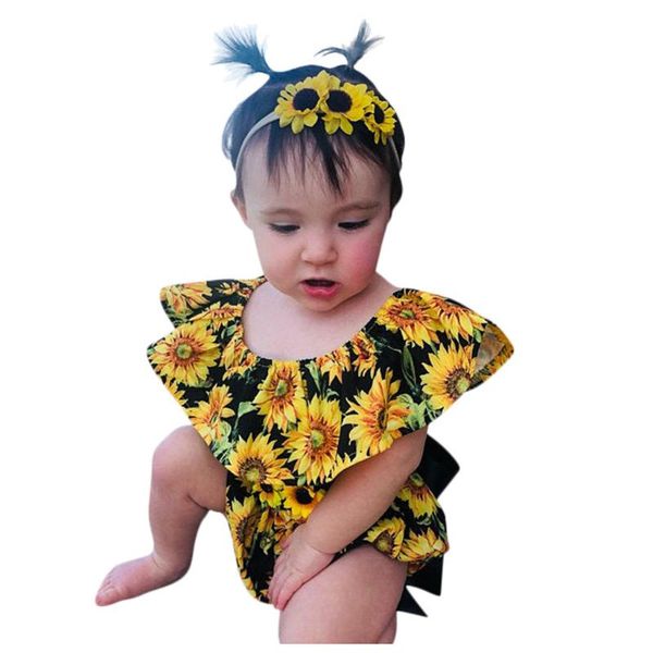 

2020 newborn infant baby girl clothes summer sleeveless floral sunflower print romper bodysuit headband outfits set, White