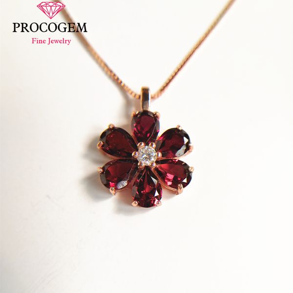 

natural garnet flower pendant necklace for women 100% real gemstone 6ct silver 925 18k rose gold plated fine trendy jewelry #298