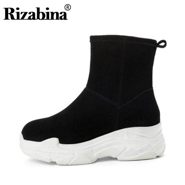 

rizabina women ankle snow boots real leather winter plush fur shoes women fashion zipper flats footwear short boots size 34-40, Black