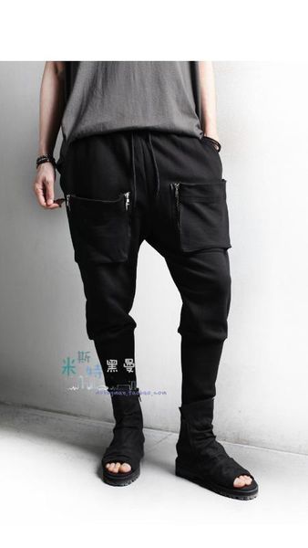 

2018 new men's clothing hair stylist hip hop stereoscopic zipper pocket thread splicing harem pants plus size costumes 27-44, Black