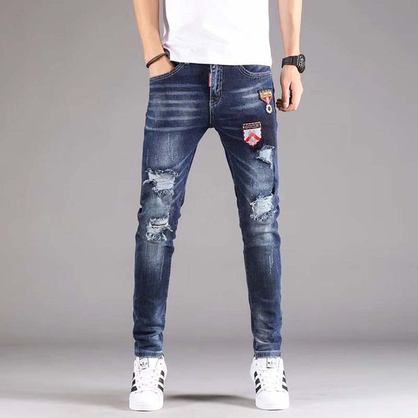 

2019 new men's embroidered hole jeans men's tide brand diamond casual feet pants slim trend autumn, Blue