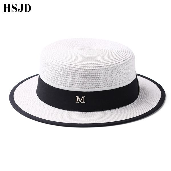 

fashion-m letter ribbon round flat straw beach hat lady boater sun caps m straw fedora women's travel sun cap snapback gorras, Blue;gray