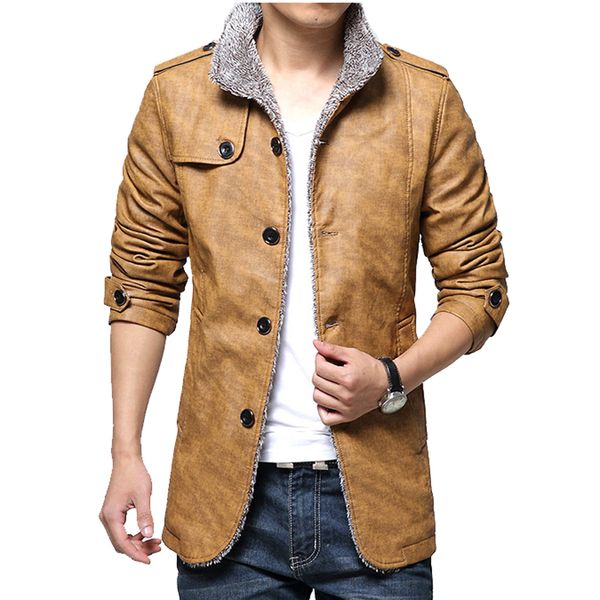 

winter men's leather jackets men casual stand collar long coats men windbreaker fleece pu leather male jacket brand clothing, Black