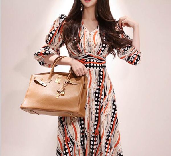 

summer new v-neck waistband mid length printed princess sleeve dress, Black;gray