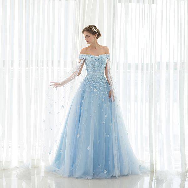 

stunning sparkly stars deflated shoulder boat neckline blue wedding dress watteau train muslim wedding dress wedding reception dresses, White