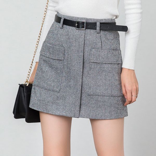 

designer skirts for women high waist warm winter mini skirts short skirt pockets slim casual korean woolen thick saia ladies autumn, Black