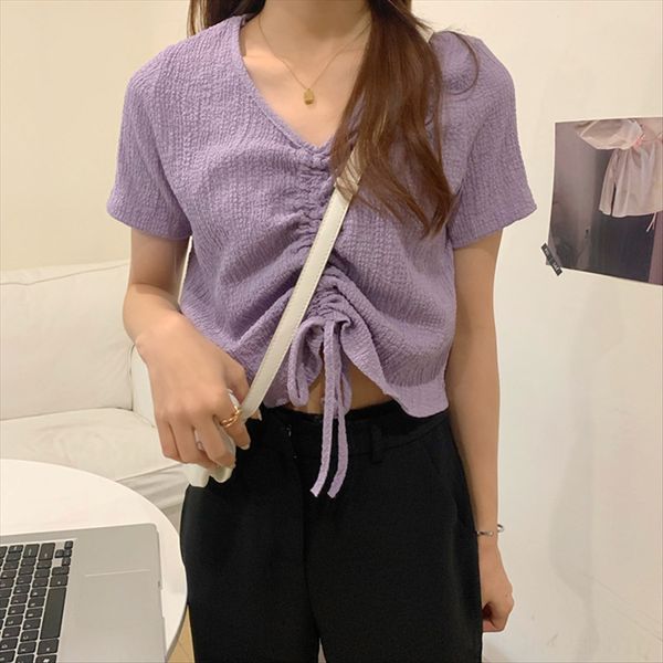 

summer 2020 slim loose all-match pleated short short-sleeved t-shirt women's fashionable drawstring v-neck summer 2020 slim loose all, White