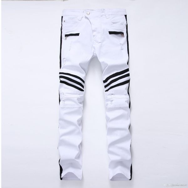 

men 3d brand design white demin with striped printhing slim fit zipper casual long pants, Blue