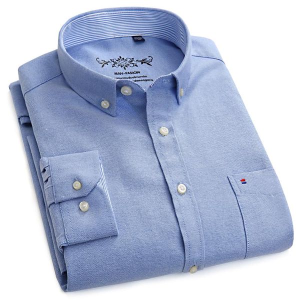 

men's long sleeve blue oxford dress shirt with left chest pocket cotton male casual solid button down shirts 5xl 6xl big size, White;black