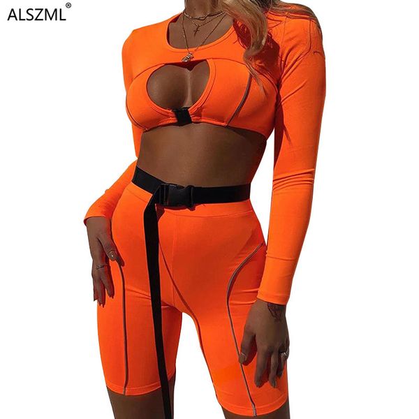 

moto & biker style casual women two piece set spring women o neck hollow-out crop tees and shorts tracksuit, White