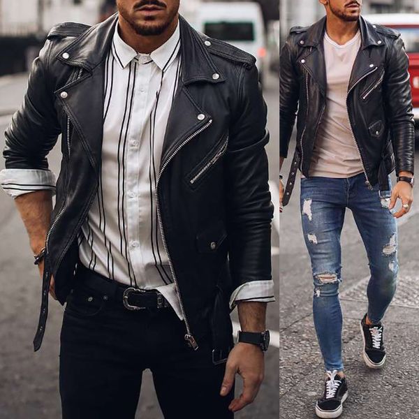 

motorcycle jacket men warm thick flight winter fashion bomber pu leather jacket turn down collar cool fit coat male d30, Black;brown