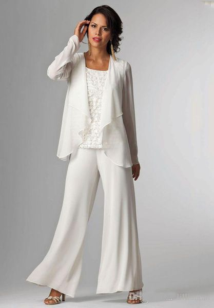 

Ivory White Chiffon Lady Mother Pants Suits Mother of The Bride Groom mother bride pant suits With Jacket Women Party Dresses trouser suits