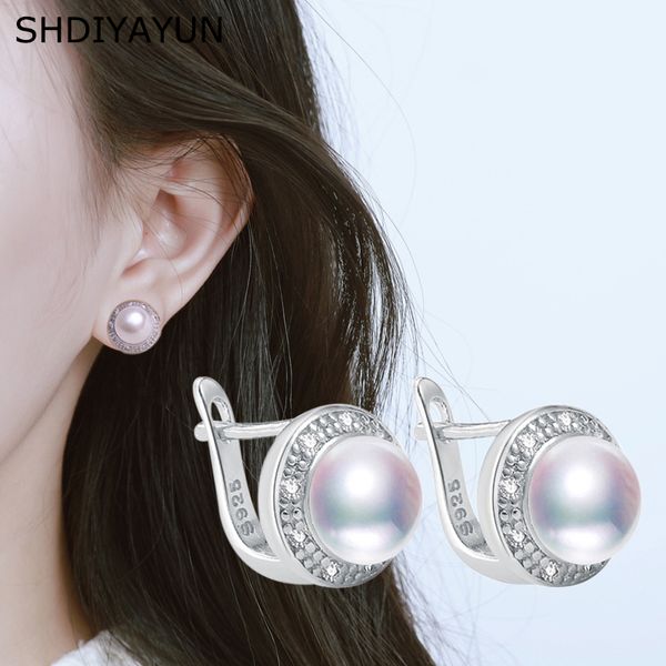 

shdiyayun pearl earrings 925 sterling silver jewelry vintage style natural freshwater pearl diamond stud earring for women gift, Golden;silver