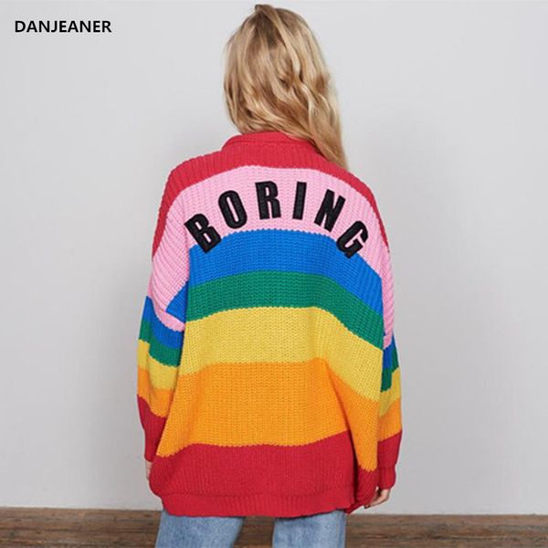 

danjeaner v neck single breasted knitted cardigans women harajuku rainbow stripes letter long sleeve sweaters streetwear jumpers, White