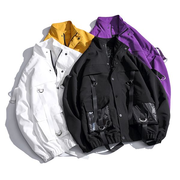 

2020 men jacket coats casual windbreaker ribbons pockets men's overalls bomber jacket hip hop streetwear man outwear, Black;brown