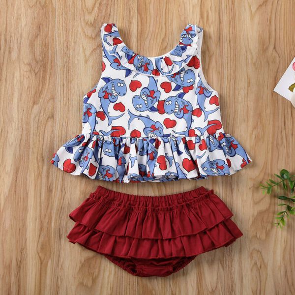

0-24m adorable toddler kids girls clothes sets flowers print sleeveless vest + shorts sunsuit, White