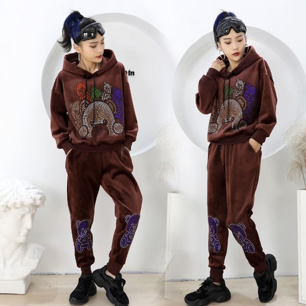 

european women's long hoodie bear bling bling pants suit 2018 new winter clothing hoodie pants 2 pieces suit, White