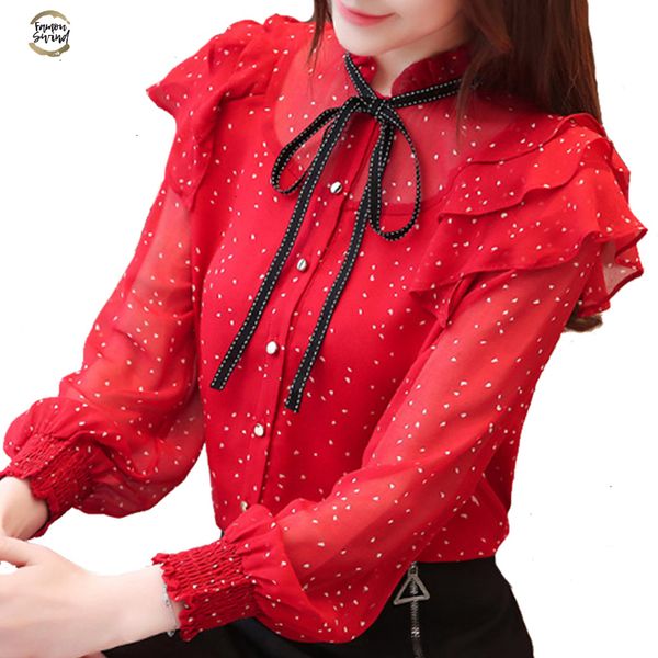 

2019 spring women shirt korean fashion clothing bow tie chiffon blouse elegant ruffles printed ol shirt, White
