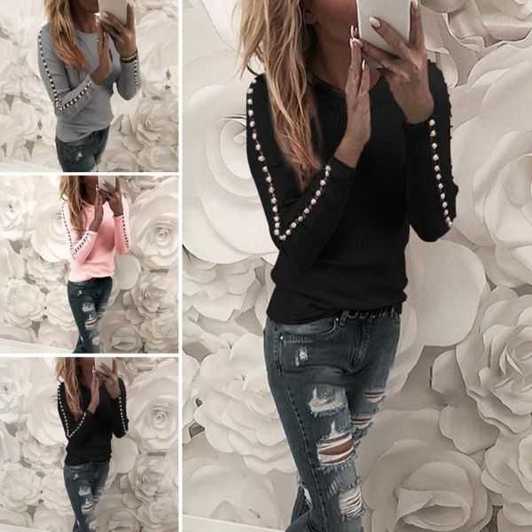 

2020 spring autumn fashion women casual solid color bead decor long sleeve o neck pullover sweater slim top, White
