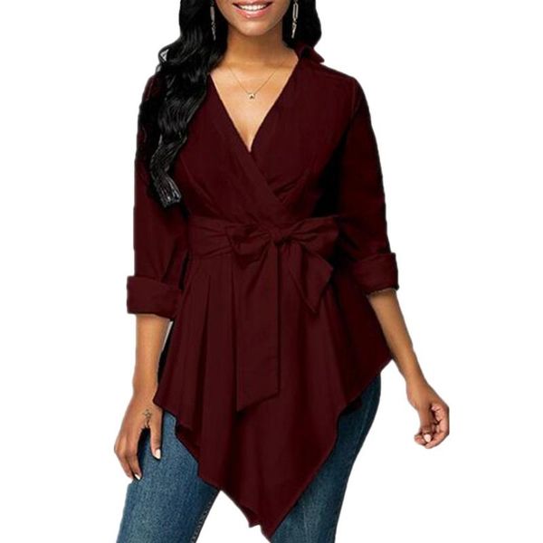 

2020 women deep v neck turn down collar irregular hem waist bowknot comfortable to wear tight shirt top, White