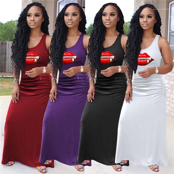 

fashion pleated office lady dresses womens designer scoop neck dresses camisole lip print dresses summer panelled, Black;gray