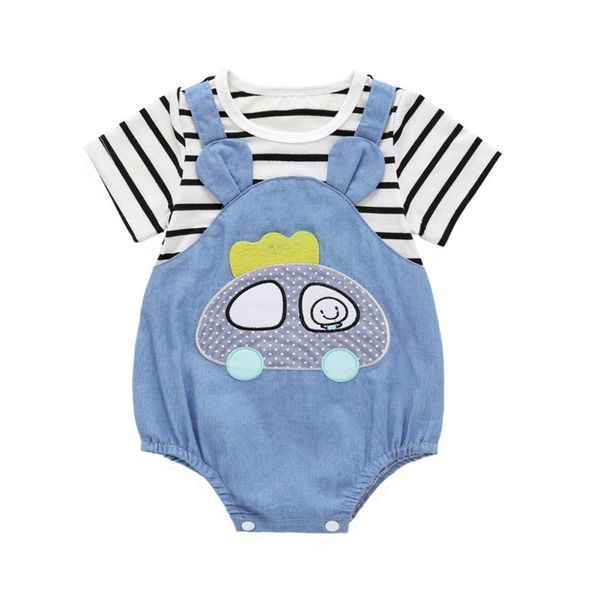 

o-neck pullover infant baby girls fake 2 pieces cartoon print short sleeve rompers kids boys jumpsuit newborn clothes, Blue