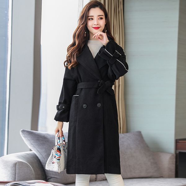 

fashion wide-waisted long winter fashion wool coats solid double breasted wool blend coat and jacket pockets coat femenino, Black