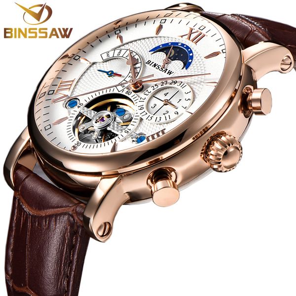 

automatic mechanical watch men moon phase fashion casual business leather skeleton relogio, Slivery;brown